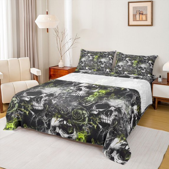 Homewish Spooky Skull Queen Sheets For Adults Teens,Flower Halloween Queen Sheet Sets,Green,4pcs,1 Flat Sheet, 1 Fitted Sheet and 2 Pillowcases
