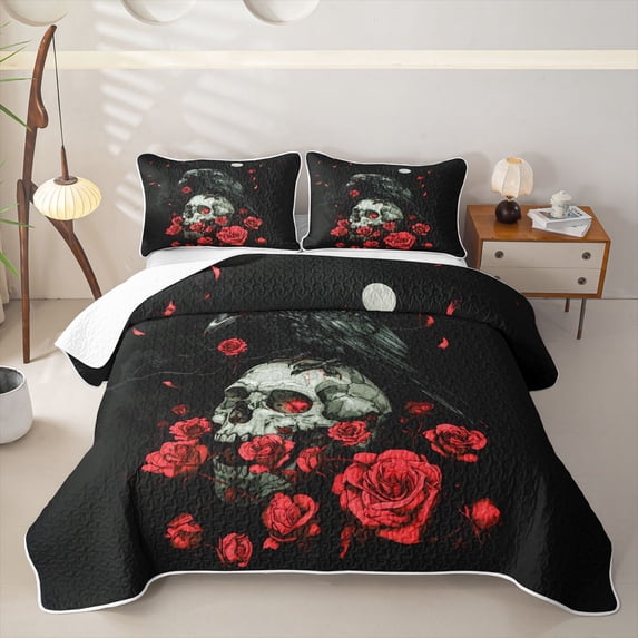 Homewish Spooky Skull Raven Twin Quilt Set,Red Rose Floral Twin Coverlet Set,Halloween Duvet,2pcs