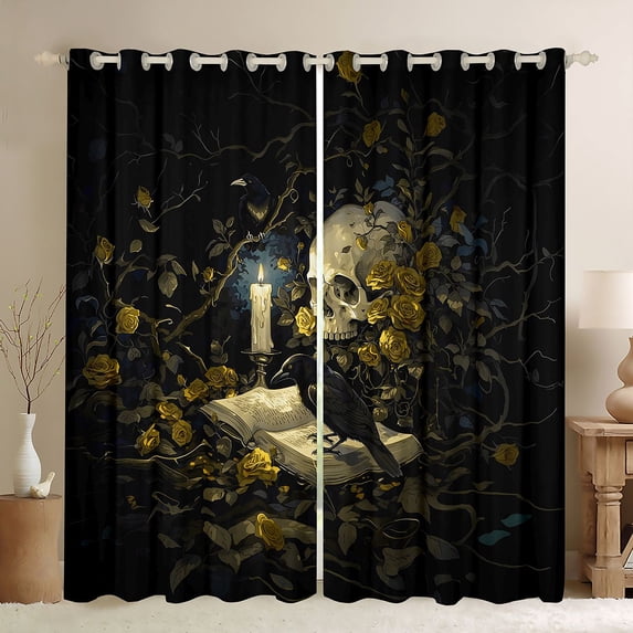 Homewish Spooky Skull Skeleton Blackout Curtains Set of 2 (52x84 Each),Goth Halloween Curtain,Yellow