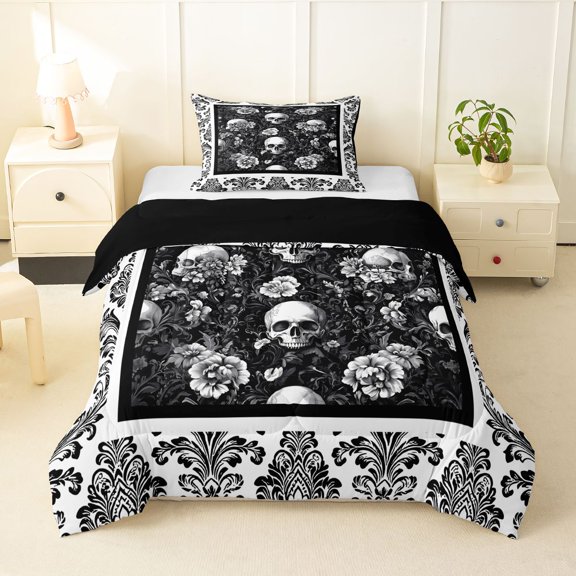 Homewish Spooky Skull Skeleton Twin Comforter Sets,Hipple Damask Floral Bedding Set,Halloween Duvet,Black Reversible,2-Piece,1 Comforter and 1 Pillowcase