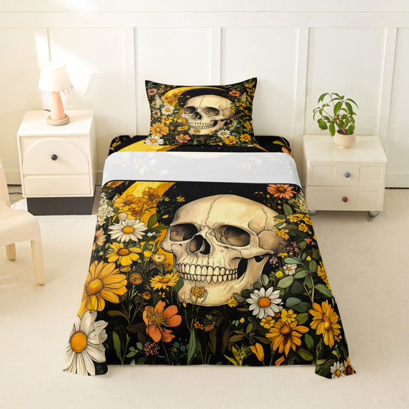 Homewish Spooky Skull Skeleton Twin Sheets,Daisy Floral Bedding,Halloween Bed Set,3pcs,1 Fitted Sheet and 1 Pillowcase