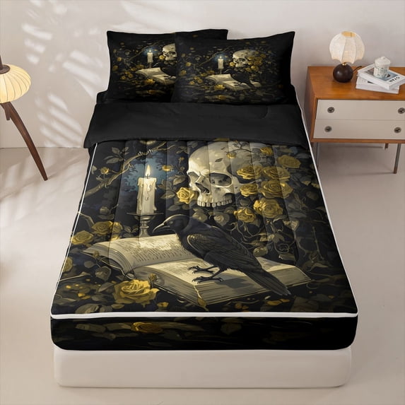 Homewish Spooky Skull Skeleton Zipper Full Size Comforter Sets with Fitted Sheet and 2 Pillowcases,Goth Halloween Zipper Bedding Set,Yellow,Black Reversible,4pcs