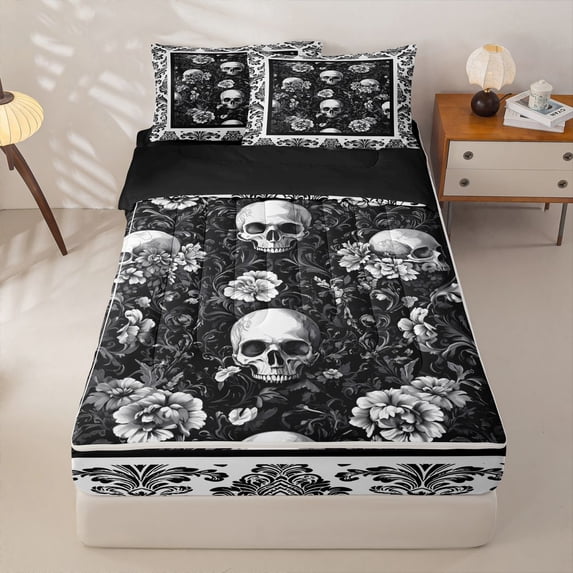 Homewish Spooky Skull Skeleton Zipper Twin Comforter Sets with Fitted Sheet and 2 Pillowcases,Hipple Damask Floral Zipper Bedding Set,Halloween Bed Set,Black Reversible,4pcs