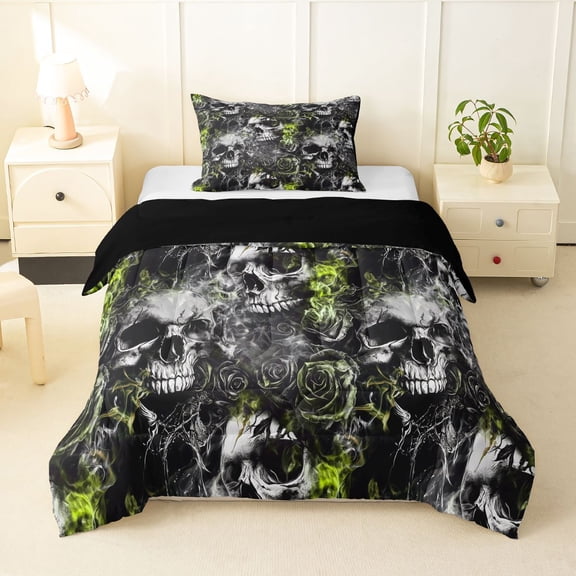 Homewish Spooky Skull Twin Comforter Sets For Adults Teens,Flower Halloween Bedding Set,Green,Black Reversible,2-Piece,1 Comforter and 1 Pillowcase