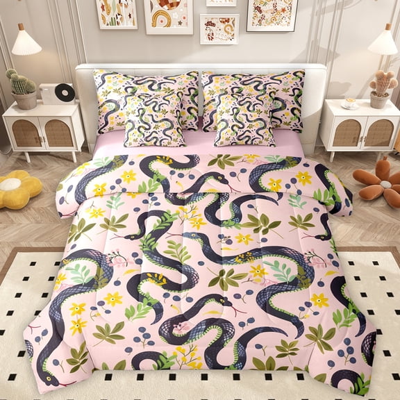 Homewish Spooky Snake 7-Piece Twin Bedding Sets,Rustic Leaves Bedding Comforter Set,Pink Purple Sheet Sets For Boys Girls,Super Cozy Room Decor Reversible