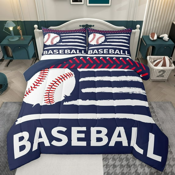 Homewish Sport Baseball 3 Pieces Queen Comforter Set for Kids Teens Adults,Abstract USA Flag Ultra Soft Bedding Sets,Ball Gamer Bedding Comforter Set Breathable,Ultra Soft Home Decor,Reversible