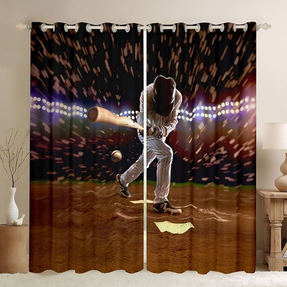 Homewish Sport Baseball Black Out Curtains for Children Teens Adults,Ball Gamer Curtains Pack of 2 (42x63 Each),Vintage Aesthetic Bedroom Curtains,Lightweight Room Decor