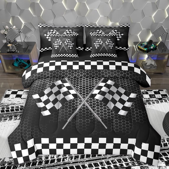 Homewish Sport Car Falg 7pcs Bedding Comforter Set,Speed Extreme Theme Queen Bedding Sets,Black White Plaid Queen Sheet Sets For Boy,Breathable Home Decor Reversible