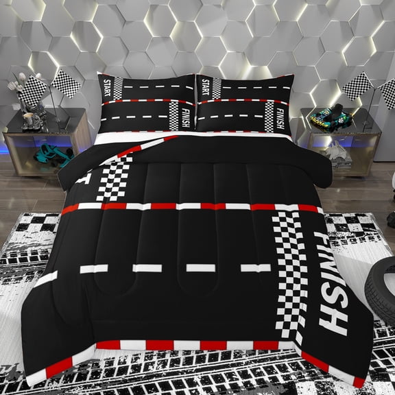 Homewish Sport Car Track Bedding Comforter Set,Speed Extreme Theme Twin Comforter Sets,Black White Checkered Bedding Set For Boy,Breathable Home Decor Reversible,2pcs
