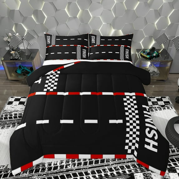 Homewish Sport Car Track Queen Comforter Set,Speed Extreme Theme Bedding Sets,Black White Checkered Bedding Comforter Set For Boy,Breathable Home Decor Reversible,3 Pieces