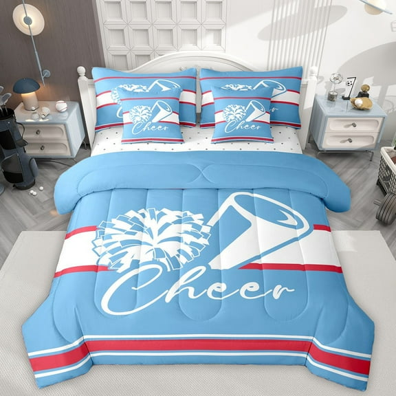 Homewish Sport Cheerleading 7-Piece Twin Bedding Sets For Kids Children Teens Girls,Geometric Stripes Bedding Comforter Set,Girly Dreamy Dance Breathable Sheet Sets,Luxury Bedroom Decor,Reversible
