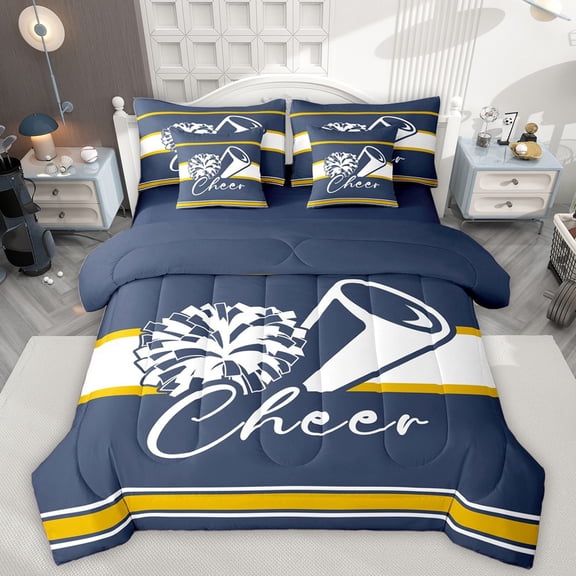 Homewish Sport Cheerleading 7pcs Bedding Comforter Set For Kids Children Teens Girls,Geometric Stripes Queen Bedding Sets Super Cozy,Girly Dreamy Dance Queen Sheet Sets,Luxury Bedroom Decor