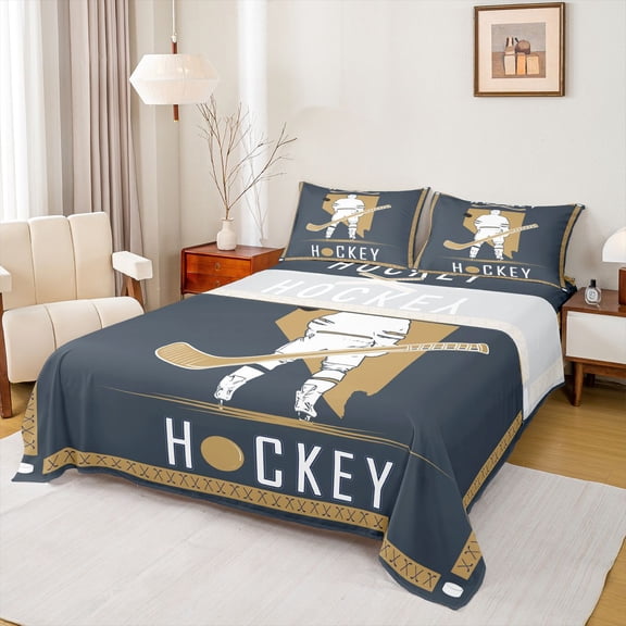 Homewish Sport City Bed Sheets,Hockey Game King Sheets,Deepblue Brown White Sheet Set For Teens,Breathable Bedroom Decoration,4pcs