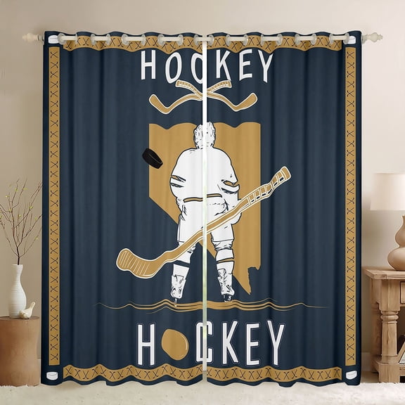 Homewish Sport City Black Out Curtains,Hockey Game Curtains Pack of 2 (42x63 Each),Deepblue Brown White Bedroom Curtains For Teens,Breathable Bedroom Decoration
