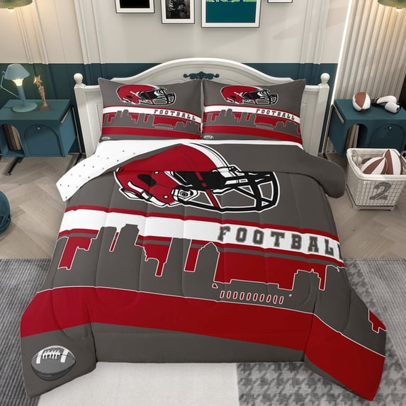 Homewish Sport City Silhouette Full Size Comforter Sets,Football Rugby Helmet Bedding Comforter Set,Red Brown Bedding Sets For Bots Kids,Breathable Home Decor Reversible,3-Piece