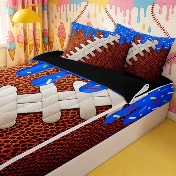 Homewish Sport Football Zipper Full Size Comforter Sets with Fitted Sheet and 2 Pillowcases,Teens Blue Rugby Ice Cream Drip Zipper Bedding Set,4pcs,Black Reversible