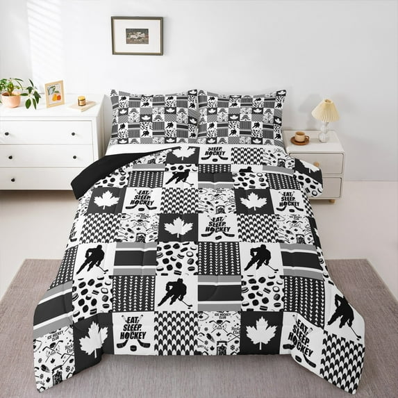 Homewish Sport Ice Hockey 3 Pieces Queen Comforter Set for Boys Girls,Geometric Grid Plaid Ultra Soft Bedding Sets,Ball Gamer Bedding Comforter Set Breathable,Lightweight Room Decor,Reversible