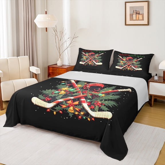 Homewish Sport Ice Hockey 3pcs Twin Sheet Sets For Preppy Children Kids,Merry Christmas Twin Fitted Sheet,Happy Winter Xmas Breathable Flat Sheet,Luxury Bedroom Decor