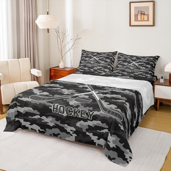 Homewish King Size 4-Piece Sport Ice Hockey Camouflage Microfiber Sheet Set