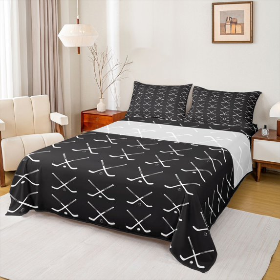 Homewish Sport Ice Hockey Twin Sheet Sets 3pcs for Boys Girls,Black White Twin Fitted Sheet Microfiber,Ball Gamer Breathable Flat Sheet,Lightweight Room Decor