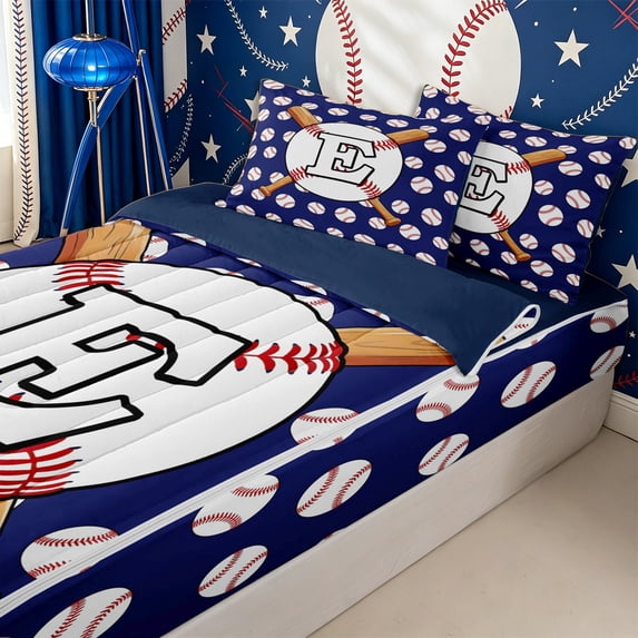 Homewish Sport Letter Monogrammed E Zipper Twin Comforter Sets with Fitted Sheet and 2 Pillowcases for Teens,Baseball Gamer Zipper Bedding Set for Boys Girls,4-Piece,Navy Blue Reversible