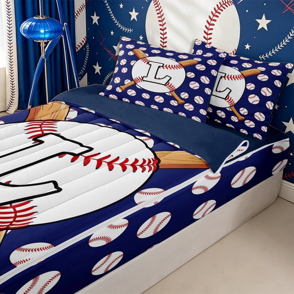 Homewish Sport Letter Monogrammed L Zipper Full Size Comforter Sets with Fitted Sheet and 2 Pillowcases for Teens,Baseball Gamer Zipper Bedding Set for Boys Girls,4pcs,Navy Blue Reversible