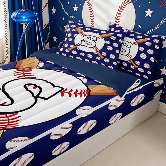 Homewish Sport Letter Monogrammed S Zipper Twin Comforter Sets with Fitted Sheet and 2 Pillowcases for Teens,Baseball Gamer Zipper Bedding Set for Boys Girls,4-Piece,Navy Blue Reversible