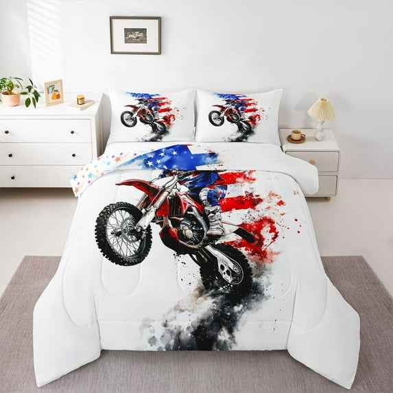 Homewish Sport Motocross 3 Pieces Queen Comforter Set For Teens Boys Girls,Watercolor Splash Ultra Soft Bedding Sets,Usa Flag Bedding Comforter Set,Breathable Home Decor,Reversible