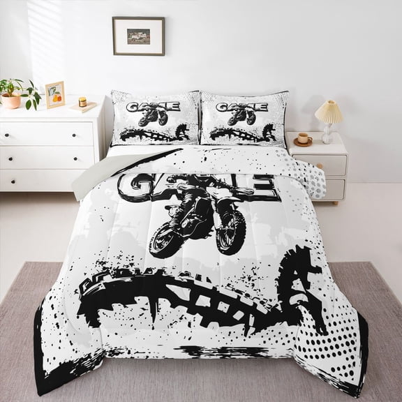 Homewish Sport Motorcycle Game 3 Pieces Queen Comforter Set For Children Teens Boys,Black White Ultra Soft Bedding Sets,Dirt Bike Bedding Comforter Set,Lightweight Room Decor,Reversible
