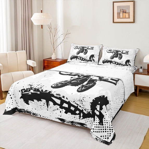 Homewish Sport Motorcycle Game 4pcs Bed Sheets For Children Teens Boys,Black White King Sheets,Dirt Bike Super Cozy Sheet Set,Lightweight Room Decor