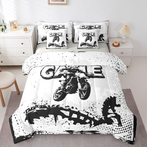 Homewish Sport Motorcycle Game 7pcs Bedding Comforter Set For Children Teens Boys,Black White Queen Bedding Sets Super Cozy,Dirt Bike Queen Sheet Sets,Lightweight Room Decor,Reversible
