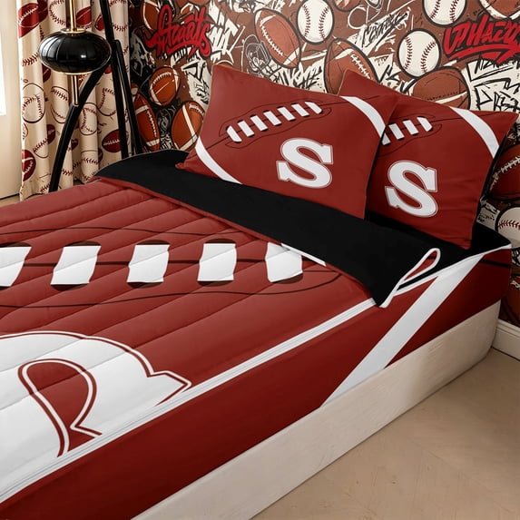 Homewish Sport Rugby Letter Monogrammed S Zipper Twin Comforter Sets with Fitted Sheet and 2 Pillowcases for Teens,Football Gamer Zipper Bedding Set for Boys Girls,4-Piece,Black Reversible