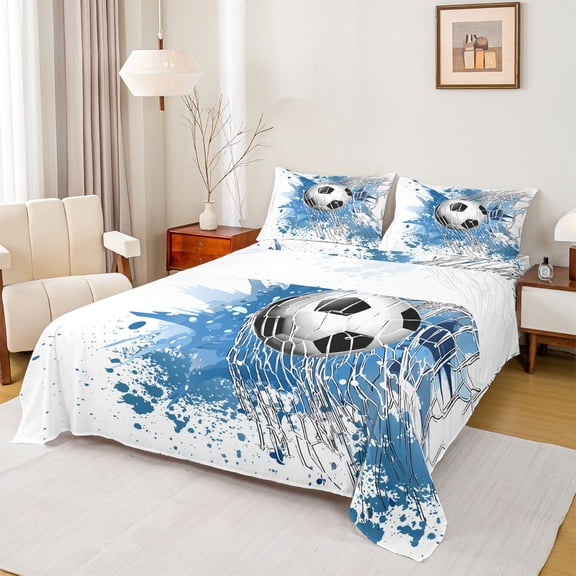 Homewish Sport Soccer 3pcs Twin Sheet Sets For Children Teens Adults,Graffiti Splash Twin Fitted Sheet,Gamer Football Breathable Flat Sheet,Ultra Soft Home Decor