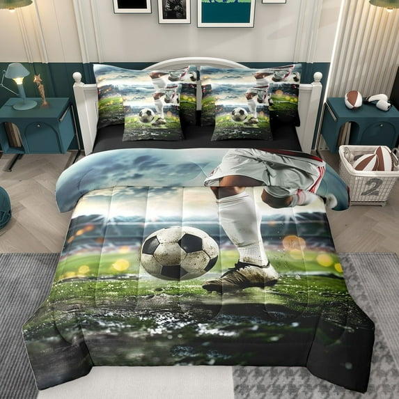 Homewish Sport Soccer Bedding Comforter Set 7pcs for Children Teens Adults,Ball Gamer Queen Bedding Sets Super Cozy,Football Print Queen Sheet Sets,Lightweight Room Decor,Reversible
