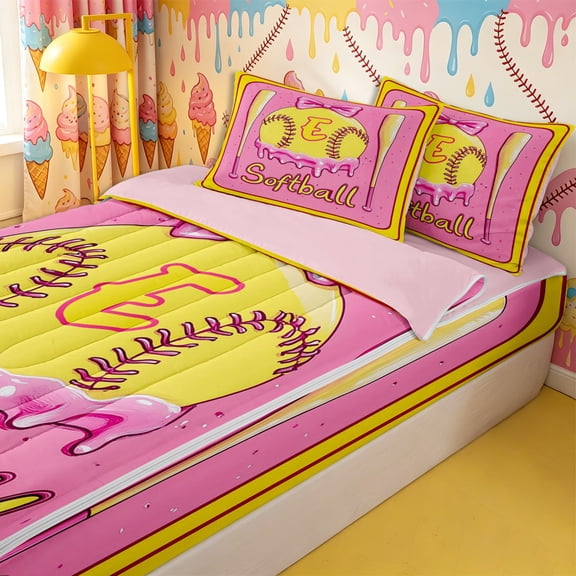 Homewish Sport Softball Letter Monogrammed E Zipper Twin Comforter Sets with Fitted Sheet and 2 Pillowcases,Baseball Ice Cream Drip Zipper Bedding Set for Boys Girls,4-Piece,Pink Reversible