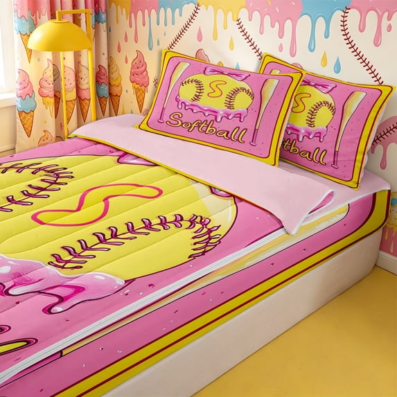 Homewish Sport Softball Letter Monogrammed S Zipper Twin Comforter Sets with Fitted Sheet and 2 Pillowcases,Baseball Ice Cream Drip Zipper Bedding Set for Boys Girls,4-Piece,Pink Reversible