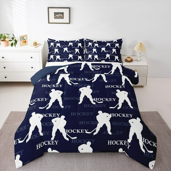 Homewish Sport Theme Full Size Comforter Sets,Ice Hockey Lover Bedding Comforter Set,White Deepblue Bedding Sets For Girls Kids,Super Cozy Room Decor Reversible,3 Pieces