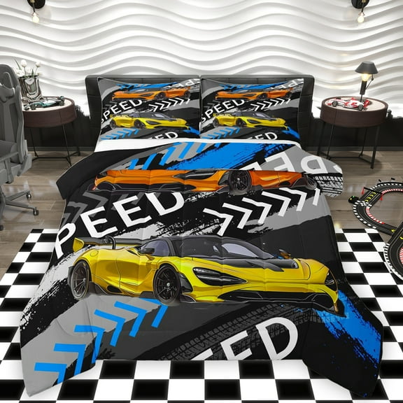 Homewish Sports Car Bedding Comforter Set,Speed Racing Game Twin Comforter Sets,Yellow Blue Gray Bedding Set Forboys Teens,Super Cozy Room Decor Reversible,2 Pieces