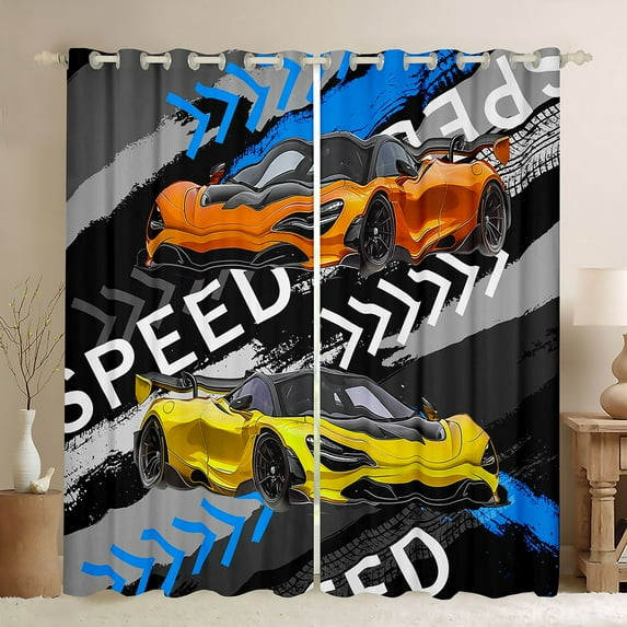 Homewish Sports Car Black Out Curtains,Speed Racing Game Curtains Pack of 2 (42x63 Each),Yellow Blue Gray Bedroom Curtains Forboys Teens,Super Cozy Room Decor