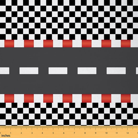 Homewish Sports Car Fabric by the Yard 1 Yard,Racing Flag Checkerboard Home Decor Fabric by the Yard,White Black Red Sewing Fabric Forboys Teens,Super Cozy Room Decor