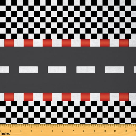 Homewish Sports Car Fabric by the Yard 3 Yard,Racing Flag Checkerboard Sewing Fabric,White Black Red Room Decor Fabric by the Yard Forboys Teens,Super Cozy Room Decor