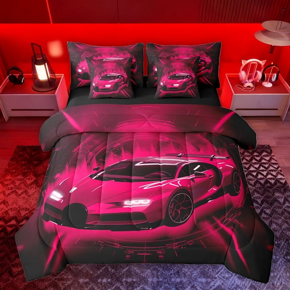 Homewish Sports Car Player Bedding Comforter Set 7pcs for Boys, Modern Sport Lover King Bedding Sets, Neon Pink Cartoon Reversible Bed Sheets, Luxury Bedroom Decor