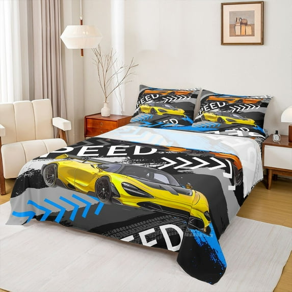 Homewish Sports Car Twin Sheet Sets,Speed Racing Game Twin Fitted Sheet,Yellow Blue Gray Flat Sheet Forboys Teens,Super Cozy Room Decor,3 Pieces