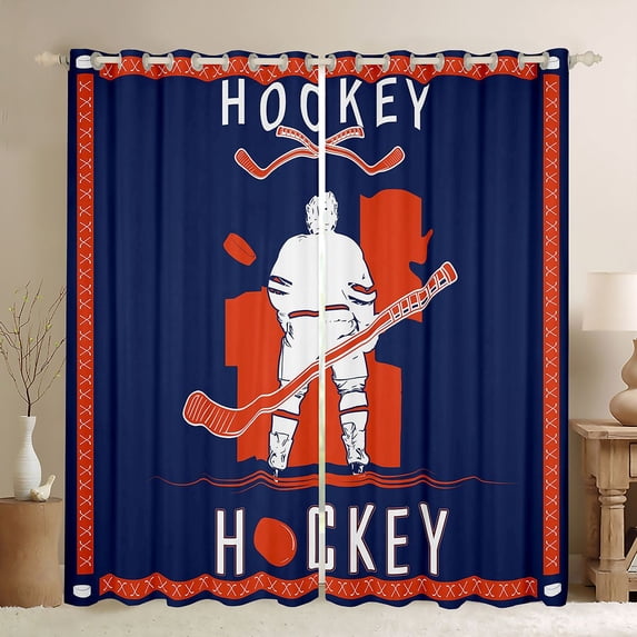 Homewish Sports Game Black Out Curtains,Boy Ice Hockey Curtains Pack of 2 (42x63 Each),Orange Deepblue Bedroom Curtains For Children,Breathable Room Decor