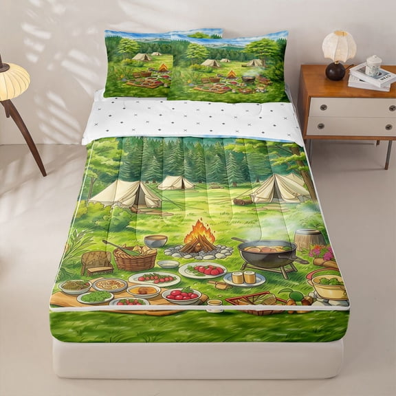 Homewish Spring Camper Theme Kids Zipper Twin Comforter Sets with Fitted Sheet and 2 Pillowcases,Happy Camping Zipper Bedding Set For Girls,Reversible,4 Pieces