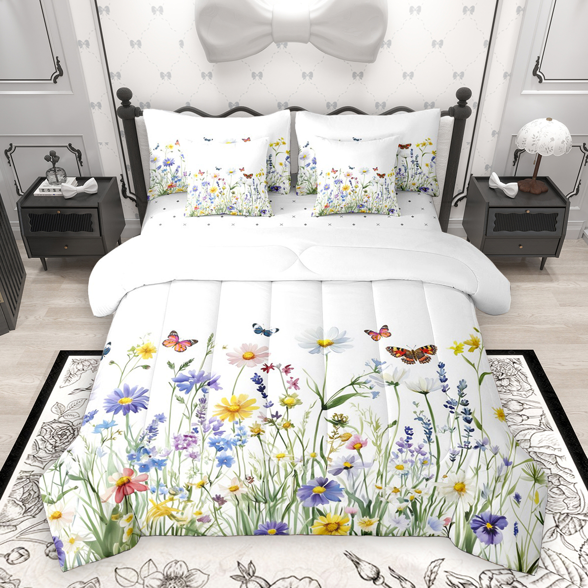 Homewish Spring Flower 7-Piece Twin Bedding Sets,Colorful Cartoon Butterfly Bedding Comforter Set,Green White Purple Sheet Sets For Girl Kids,Breathable Home Decor Reversible