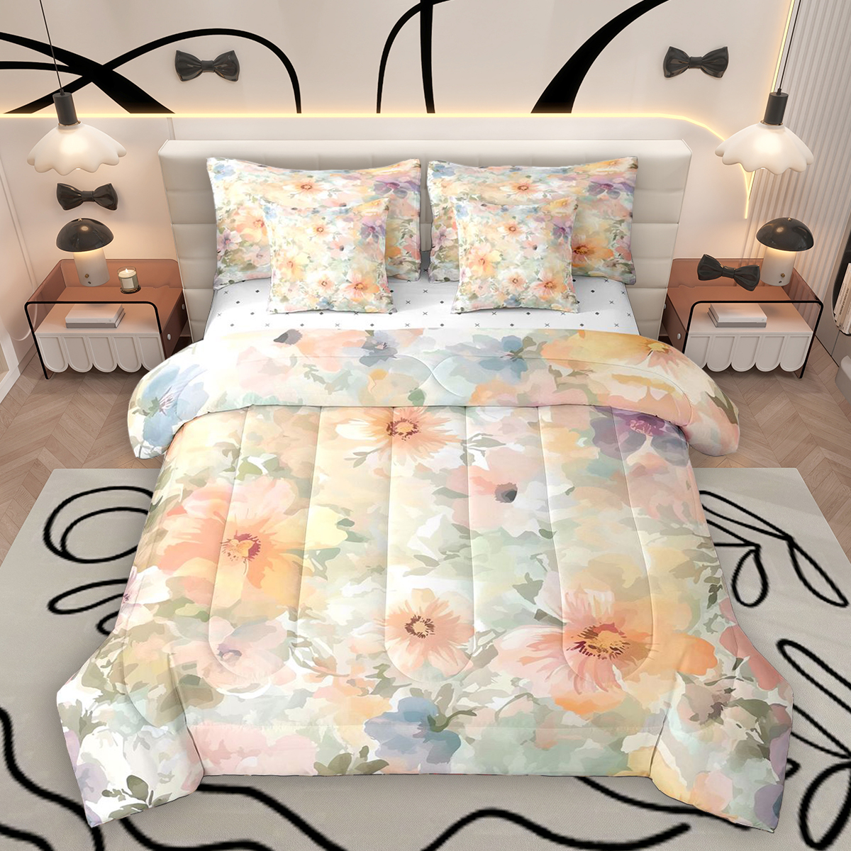 Homewish Spring Flower 7-Piece Twin Bedding Sets,Oil Painting Aesthetic Bedding Comforter Set,Beige Pink Sheet Sets For Girl Kids,Breathable Home Decor Reversible