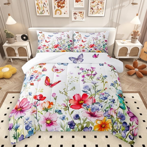 Homewish Spring Garden Bedding Comforter Set 2pcs for Teens,Flying Butterflies Twin Comforter Sets Microfiber,Chic Floral Flowers Breathable Bedding Set,Luxury Bedroom Decor