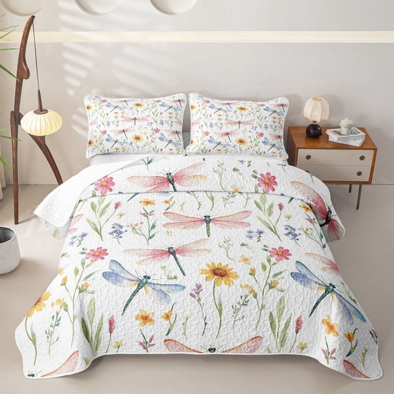 Homewish Spring Garden Floral Twin Quilt Set,Girls Flower Dragonfly Twin Coverlet Set,2-Piece