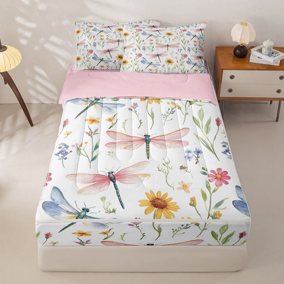 Homewish Spring Garden Floral Zipper Full Size Comforter Sets with Fitted Sheet and 2 Pillowcases,Girls Flower Dragonfly Zipper Bedding Set,Pink Reversible,4 Pieces